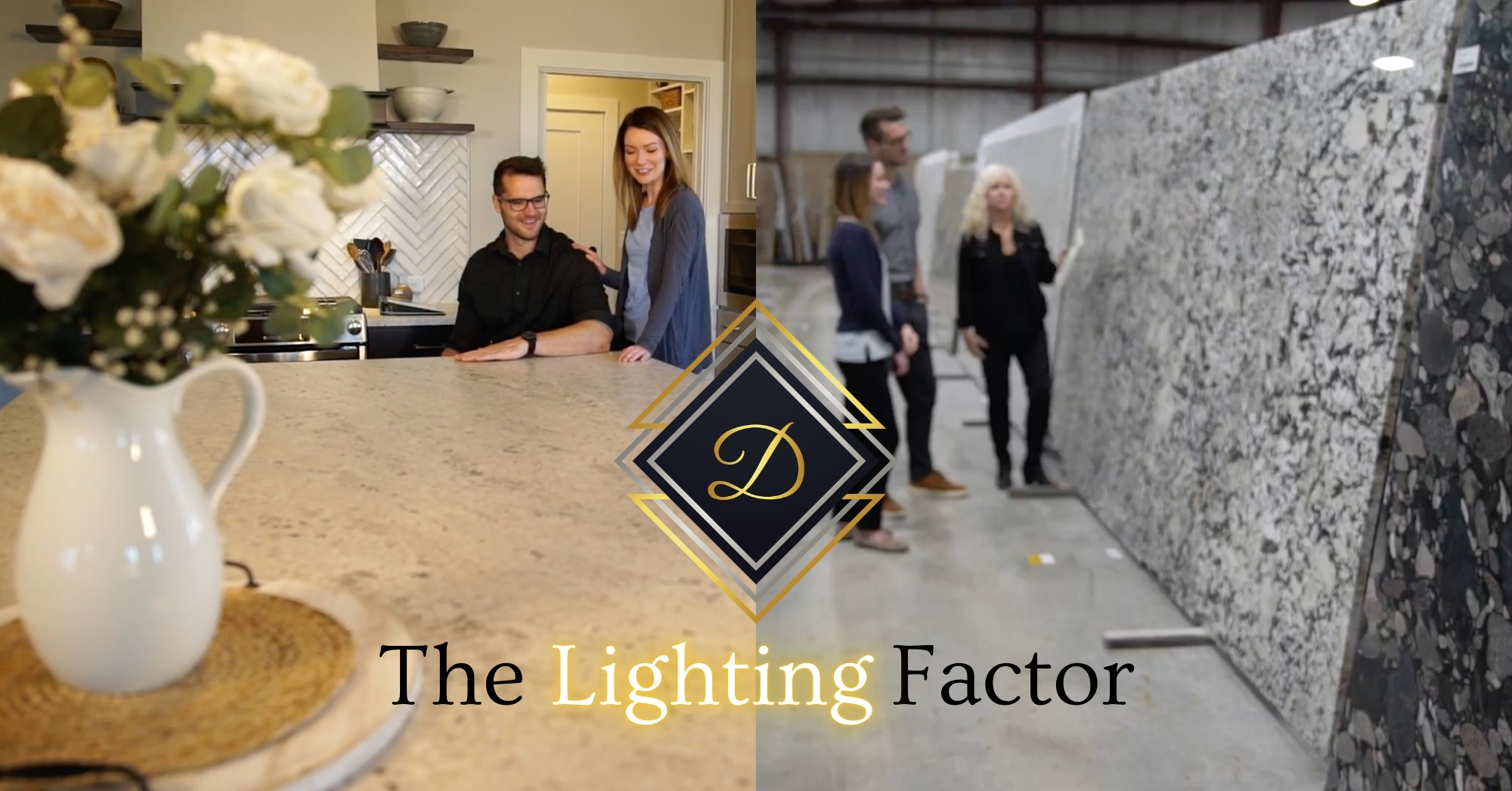 Photo contrasting a couple looking at their counter surface in their home versus in a warehouse showroom and showing the marked difference in lighting.